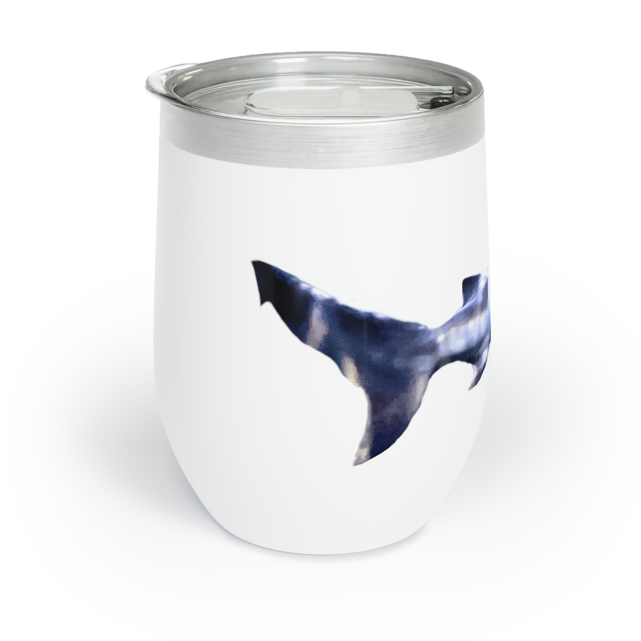 Shark Chill Wine Tumbler in stainless steel with a customizable design, showcasing its double-insulated walls and stemless shape.