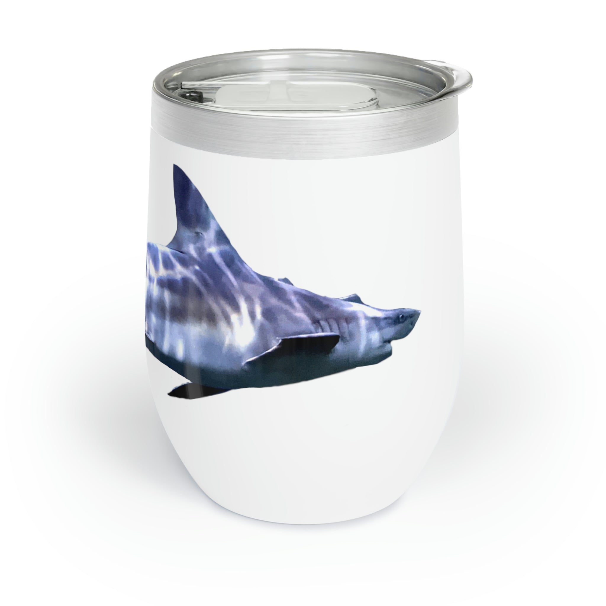 Shark Chill Wine Tumbler in stainless steel with a customizable design, showcasing its double-insulated walls and stemless shape.