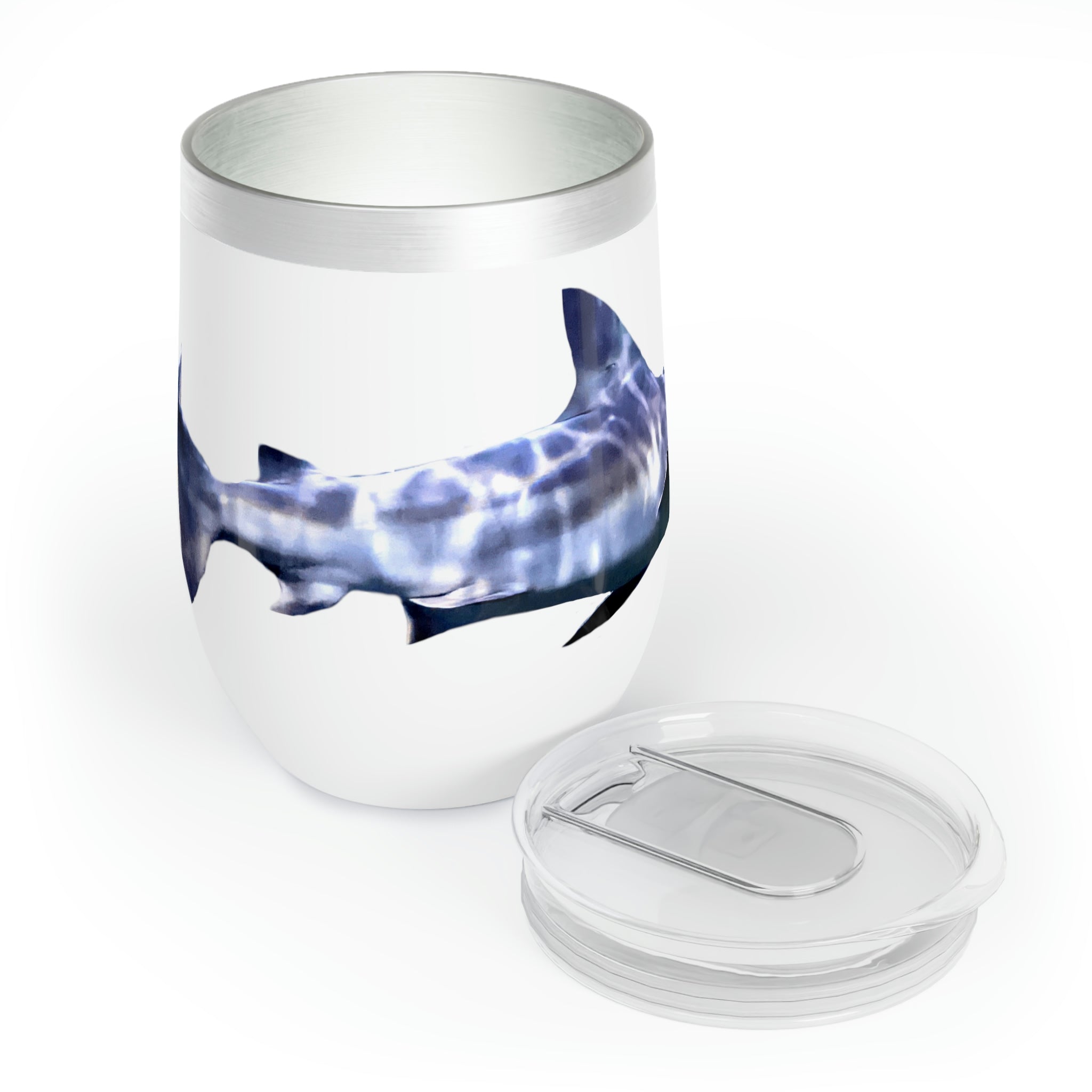 Shark Chill Wine Tumbler in stainless steel with a customizable design, showcasing its double-insulated walls and stemless shape.