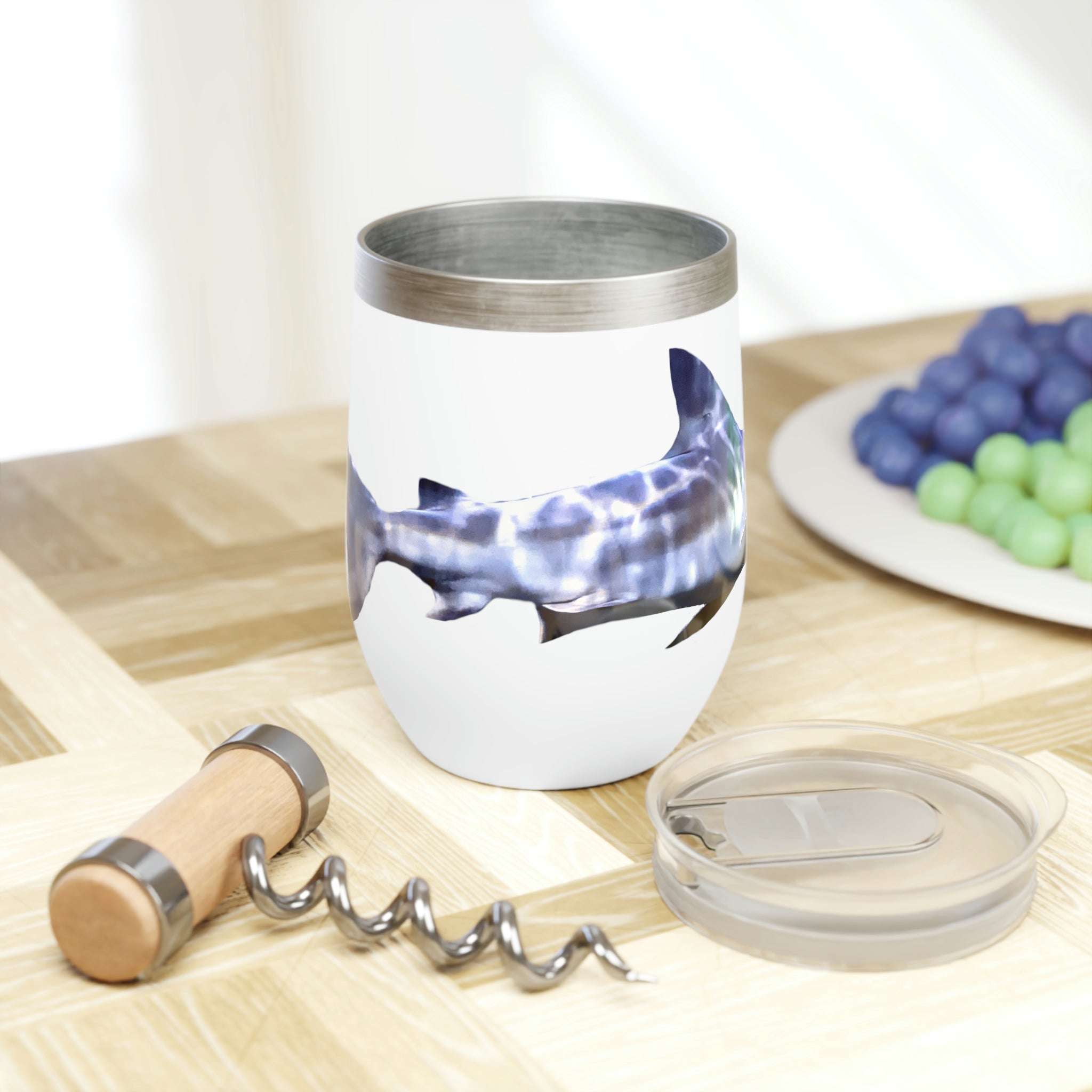 Shark Chill Wine Tumbler in stainless steel with a customizable design, showcasing its double-insulated walls and stemless shape.