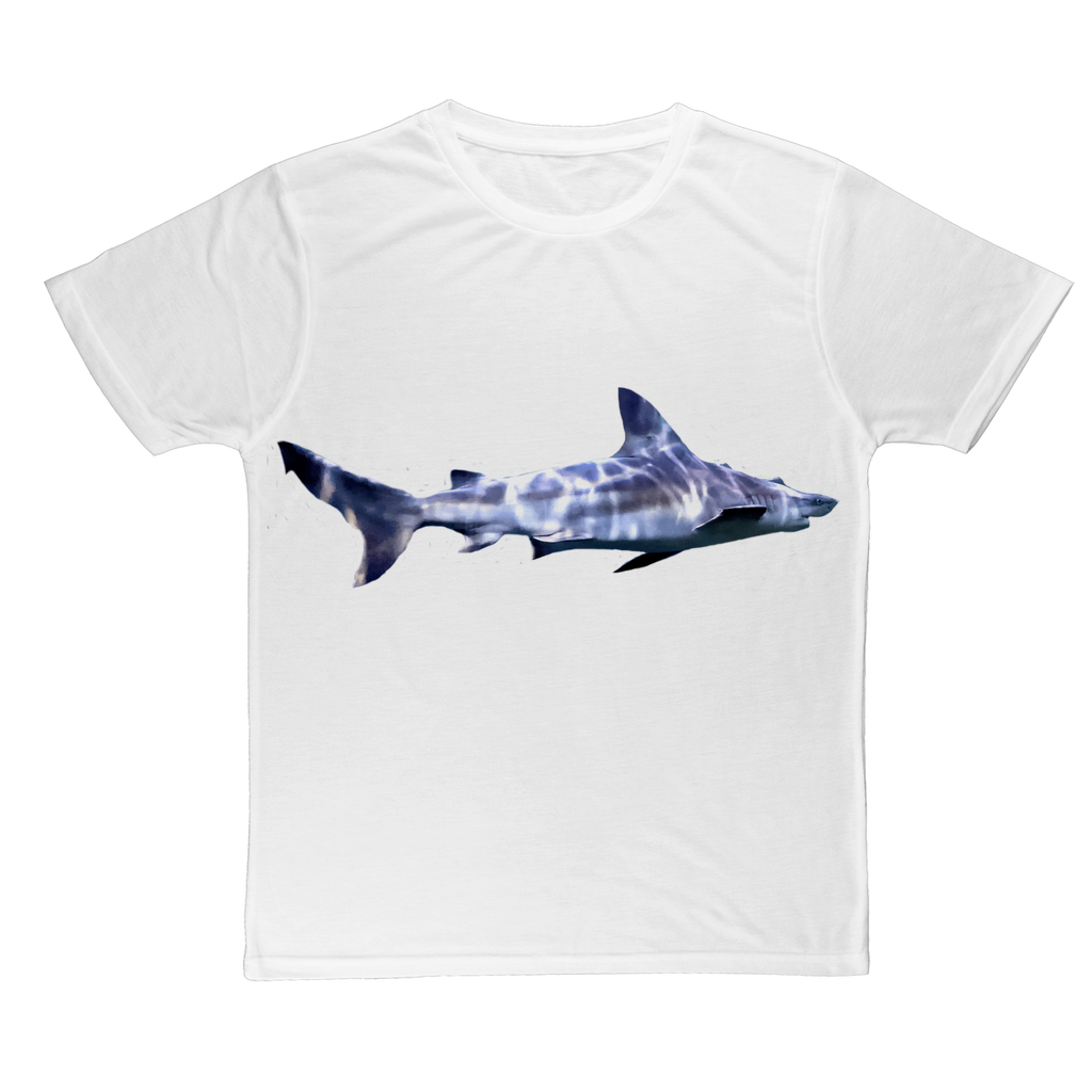 Shark Classic Sublimation Adult T-Shirt in vibrant colors, showcasing its soft polyester fabric and design suitability for sublimation printing.