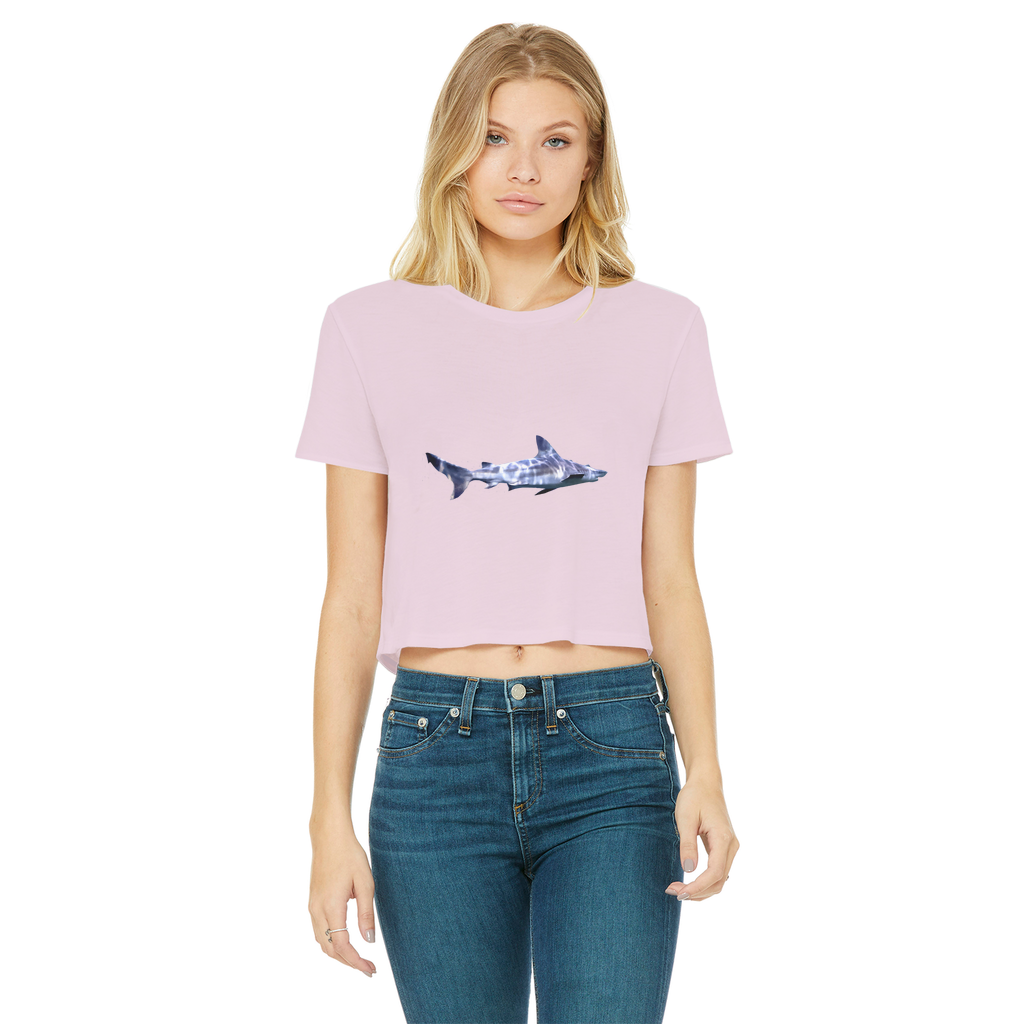 Shark Classic Women's Cropped Raw Edge T-Shirt featuring a round neck, short sleeves, and a raw edge hem in a stylish color.