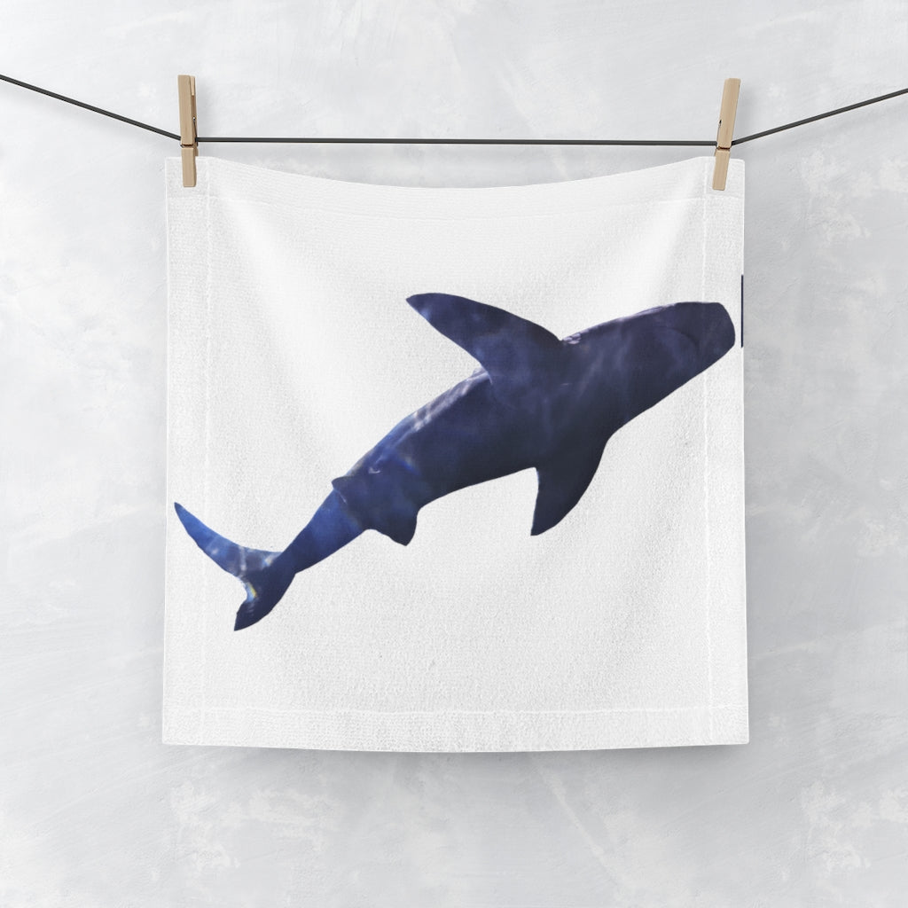 A vibrant Shark Face Towel featuring a colorful shark design on a soft polyester front and absorbent cotton back, perfect for customization.