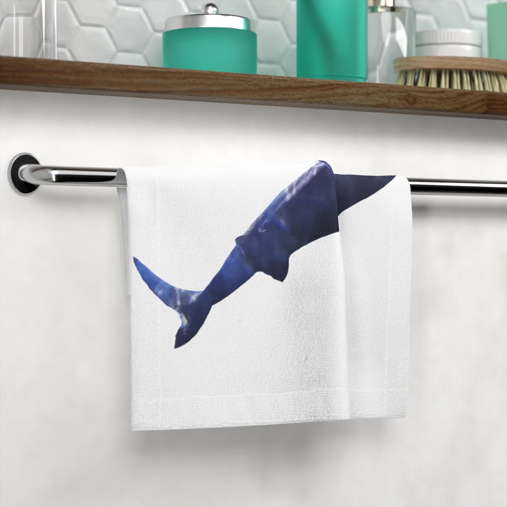 A vibrant Shark Face Towel featuring a colorful shark design on a soft polyester front and absorbent cotton back, perfect for customization.