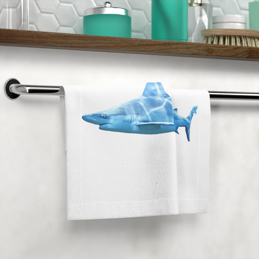 A vibrant Shark Face Towel featuring a colorful shark design on a soft polyester front and absorbent cotton back, perfect for customization.