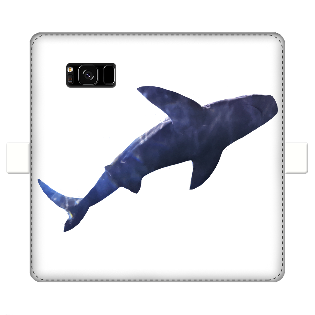 Shark Fully Printed Wallet Case featuring vibrant designs, magnetic closure, and slots for cards and cash, suitable for iPhone and Samsung models.