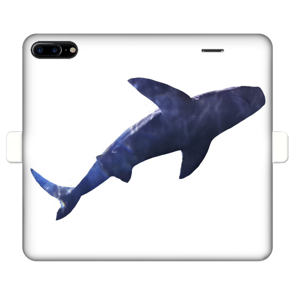 Shark Fully Printed Wallet Case featuring vibrant designs, magnetic closure, and slots for cards and cash, suitable for iPhone and Samsung models.