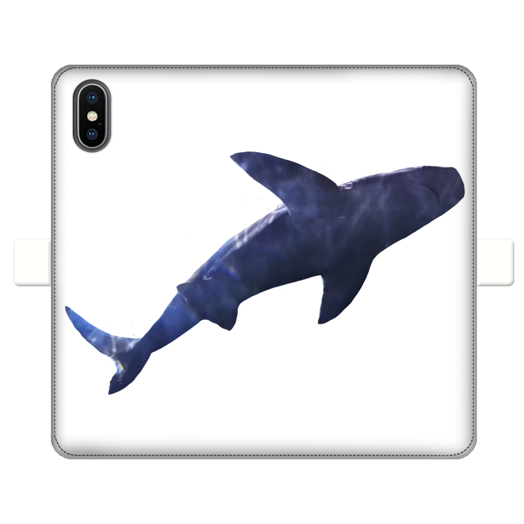 Shark Fully Printed Wallet Case featuring vibrant designs, magnetic closure, and slots for cards and cash, suitable for iPhone and Samsung models.