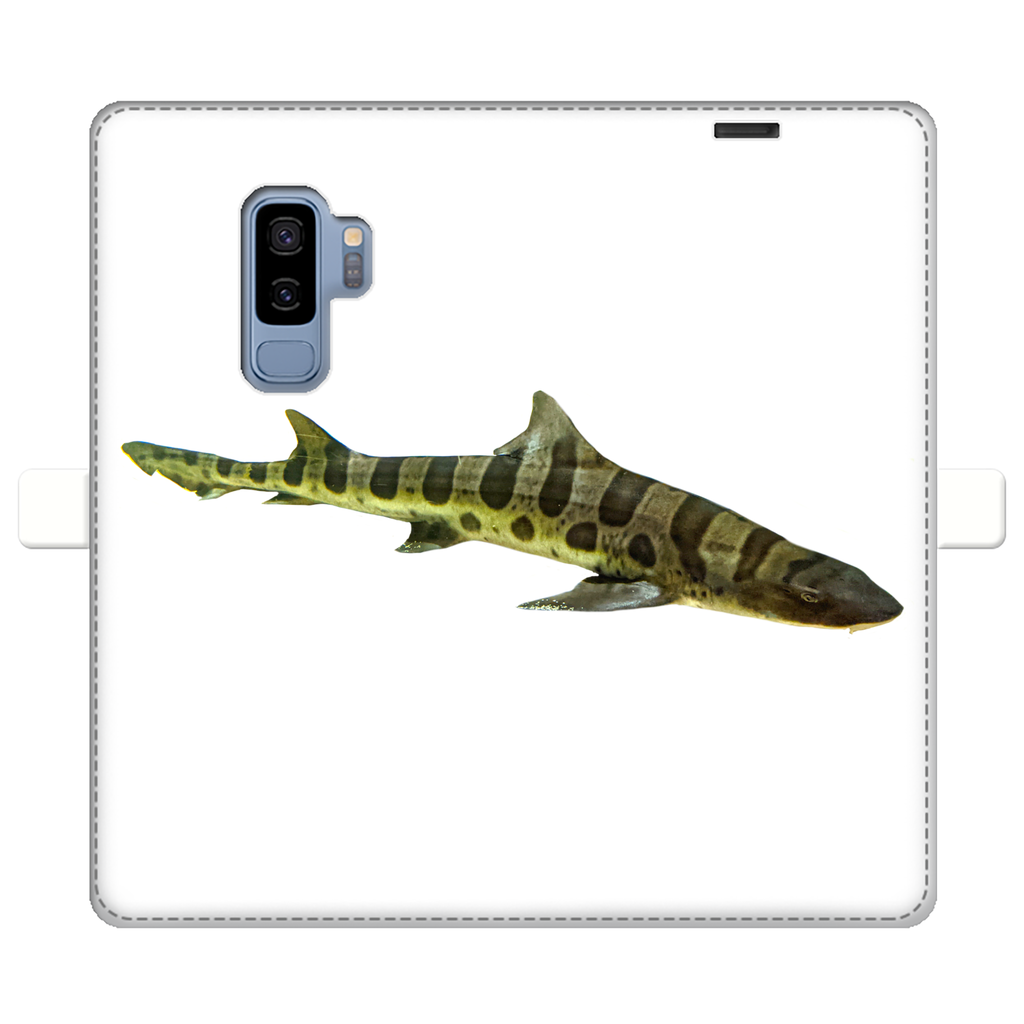 Shark Fully Printed Wallet Cases showcasing vibrant designs, made of faux leather with a magnetic closure, suitable for iPhone and Samsung S-series.