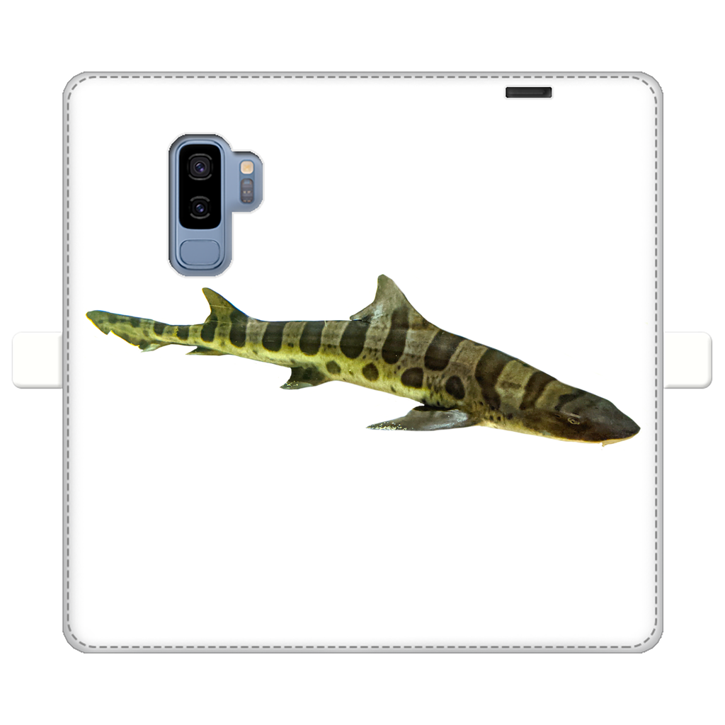 Shark Fully Printed Wallet Cases showcasing vibrant designs, made of faux leather with a magnetic closure, suitable for iPhone and Samsung S-series.