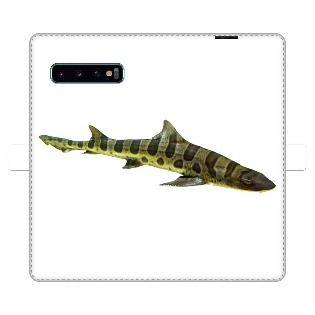 Shark Fully Printed Wallet Cases showcasing vibrant designs, made of faux leather with a magnetic closure, suitable for iPhone and Samsung S-series.