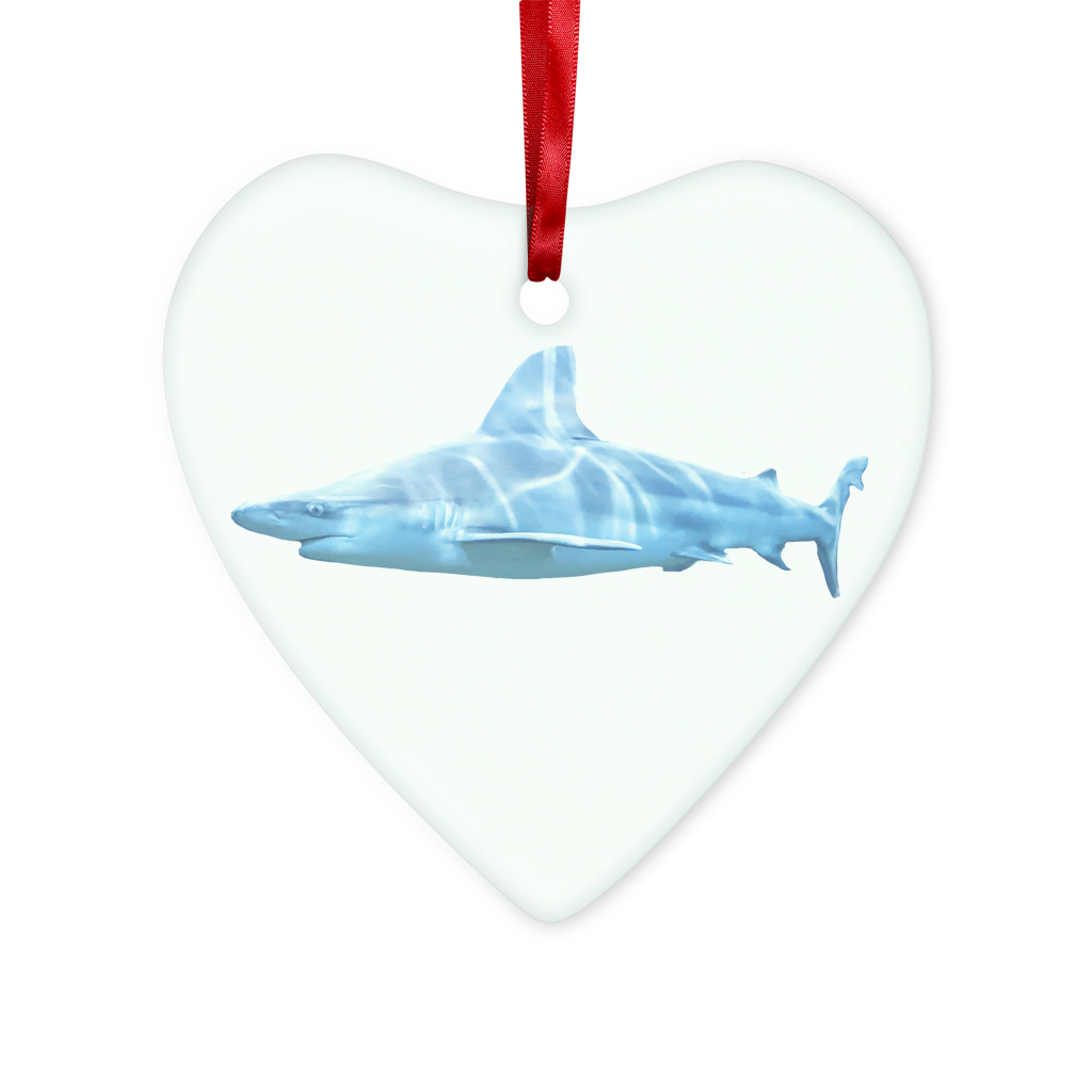 Shark Glass Hanging Ornament in round and heart shapes, elegantly displayed with red ribbon and gold string.