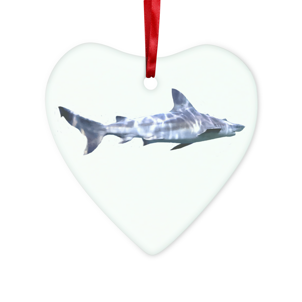 Shark Glass Hanging Ornament featuring a round and heart shape, elegantly designed with a red ribbon and gold string, perfect for Christmas decoration.