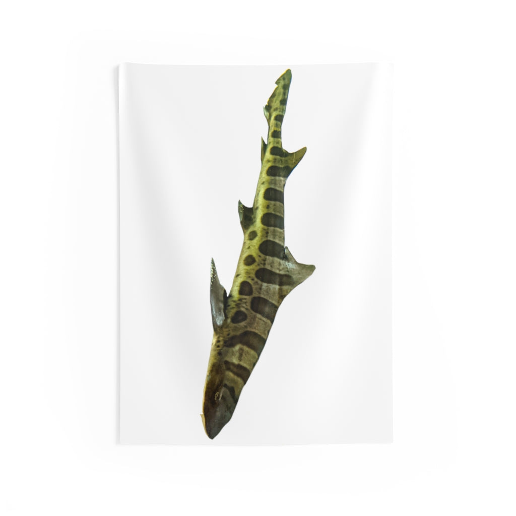 A vibrant Shark Indoor Wall Tapestry showcasing intricate designs and colors, made from durable polyester with hemmed edges.