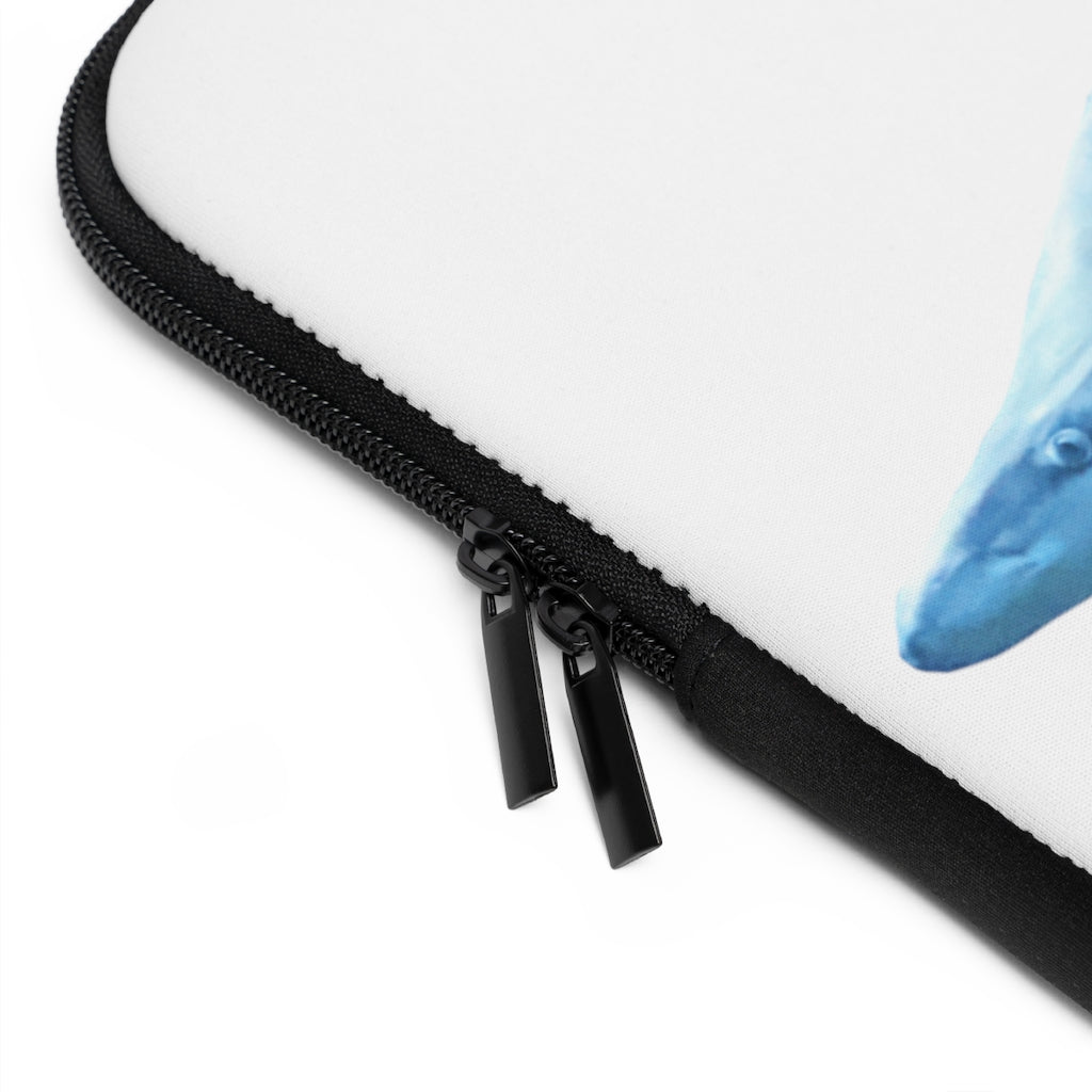 Shark Laptop Sleeve featuring a customizable front design and solid black back, made from smooth neoprene with dual zipper enclosures.