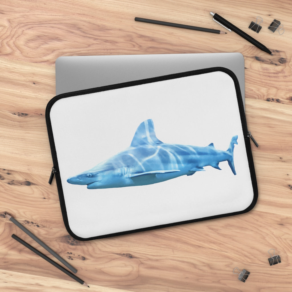 Shark Laptop Sleeve featuring a customizable front design and solid black back, made from smooth neoprene with dual zipper enclosures.