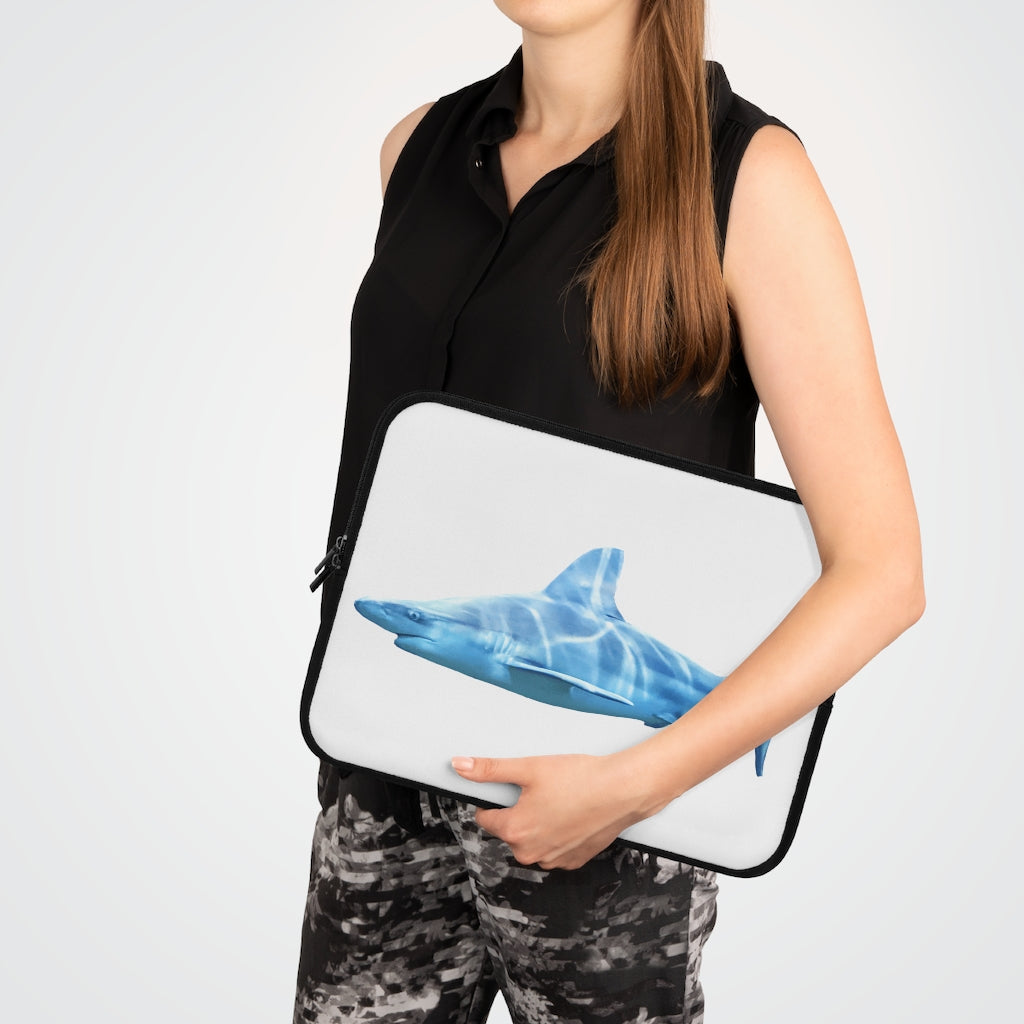 Shark Laptop Sleeve featuring a customizable front design and solid black back, made from smooth neoprene with dual zipper enclosures.