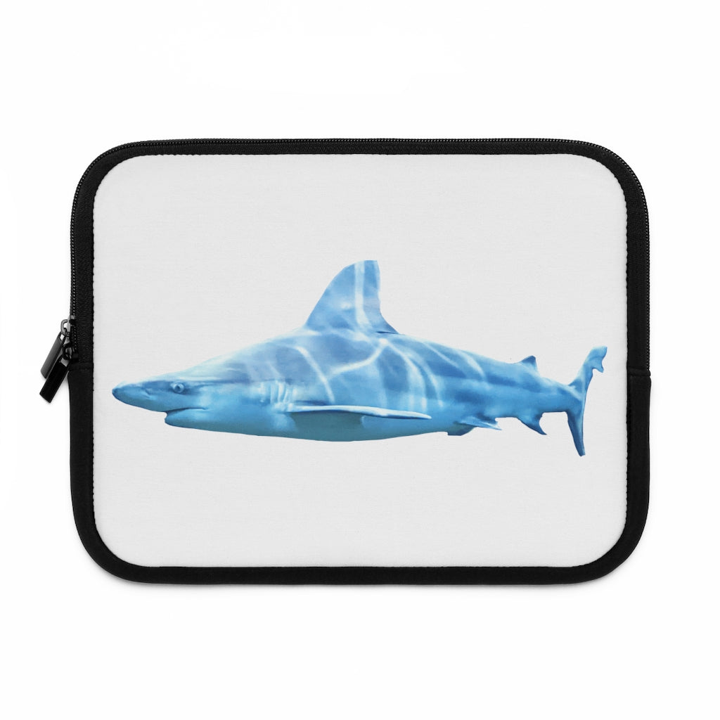 Shark Laptop Sleeve featuring a customizable front design and solid black back, made from smooth neoprene with dual zipper enclosures.