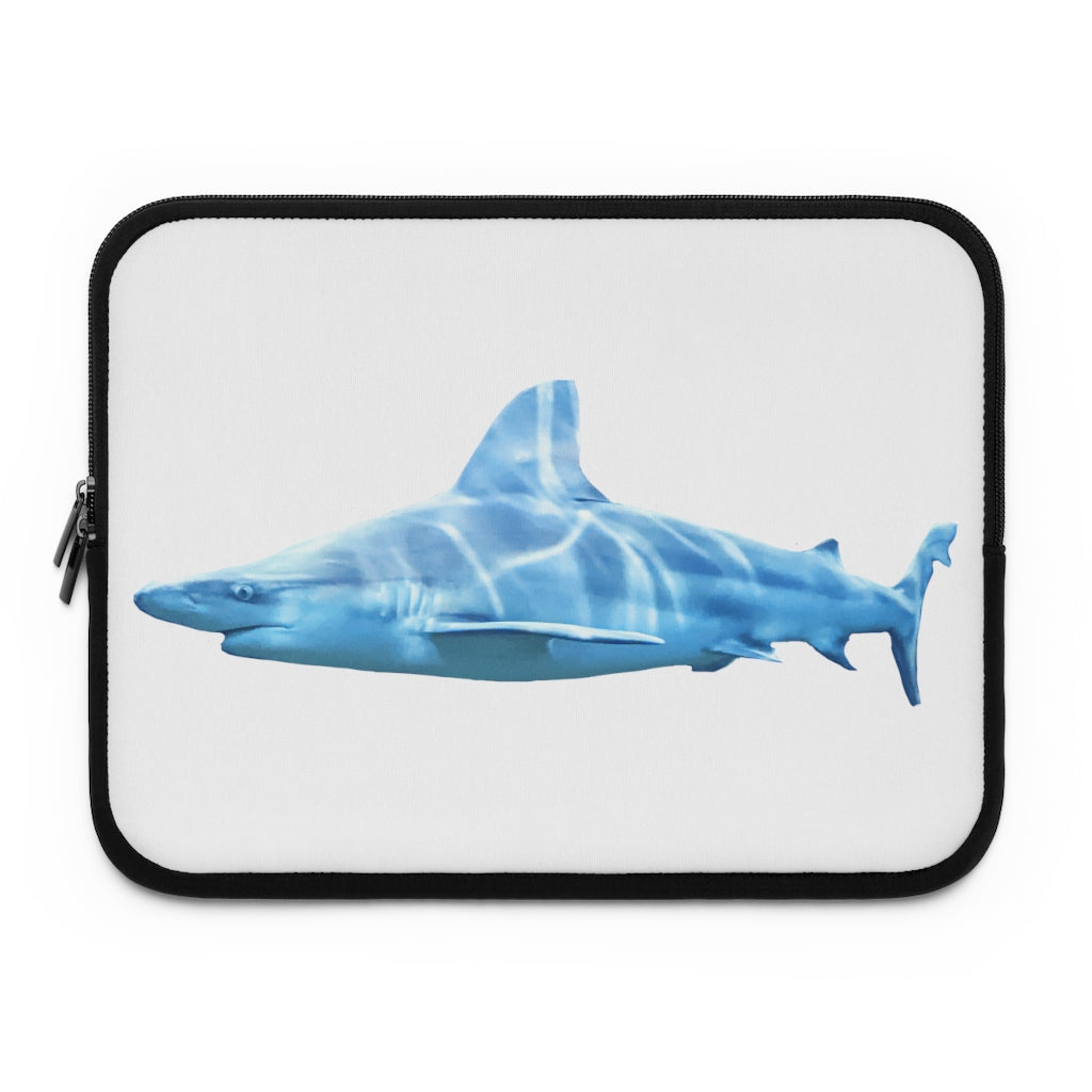 Shark Laptop Sleeve featuring a customizable front design and solid black back, made from smooth neoprene with dual zipper enclosures.