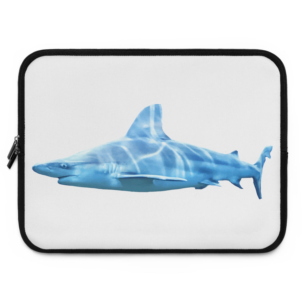 Shark Laptop Sleeve featuring a customizable front design and solid black back, made from smooth neoprene with dual zipper enclosures.