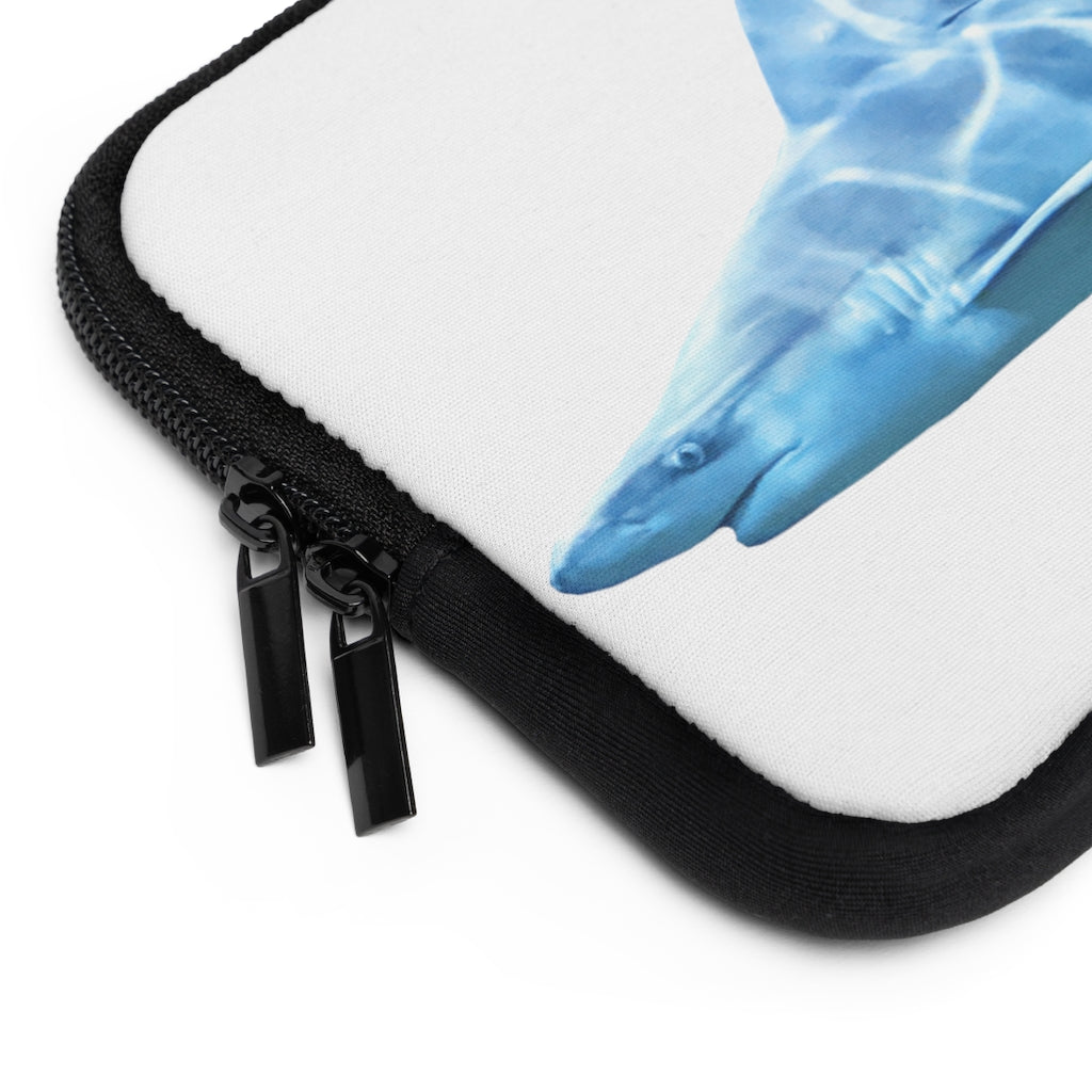 Shark Laptop Sleeve featuring a customizable front design and solid black back, made from smooth neoprene with dual zipper enclosures.