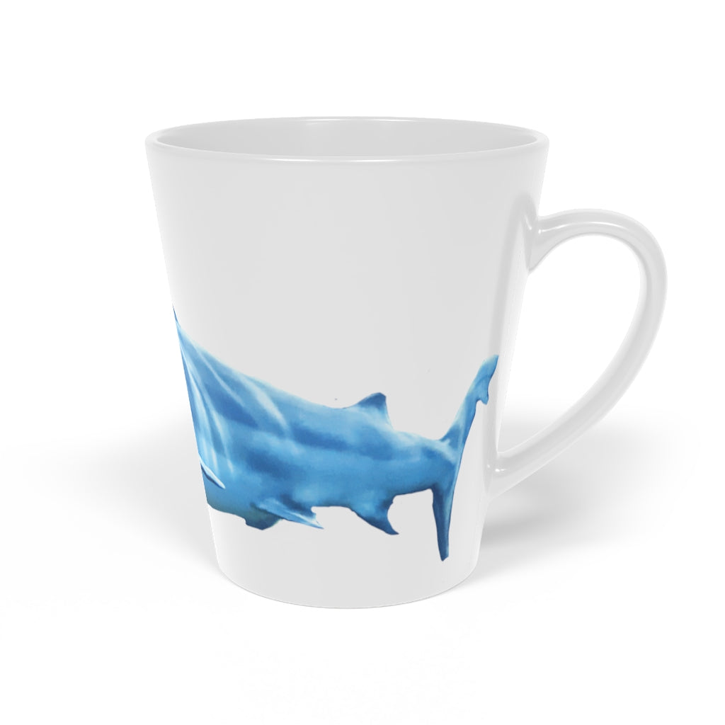 A stylish Shark Latte Mug with a durable white ceramic body and easy-grip handle, perfect for lattes and other beverages.