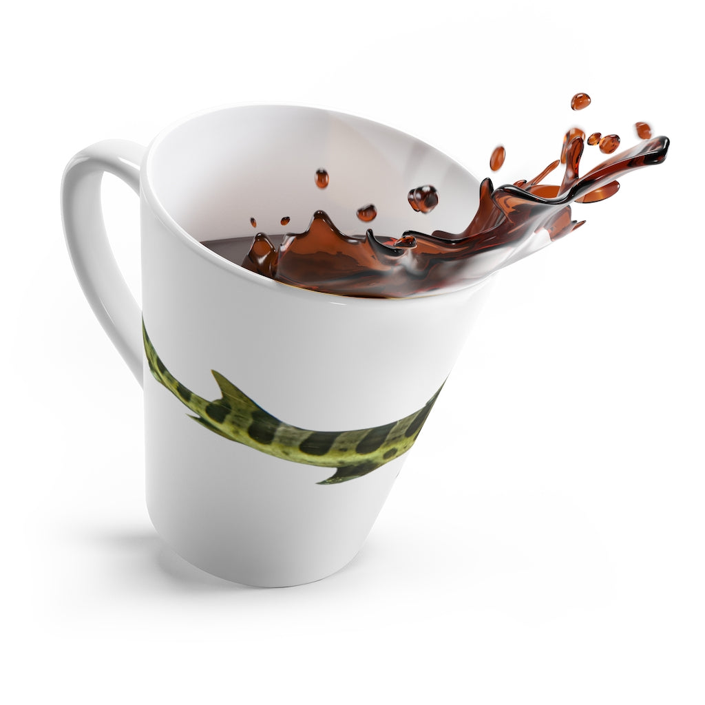 A stylish white ceramic latte mug featuring a vibrant shark design, perfect for coffee lovers.