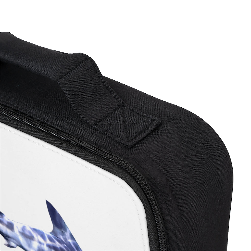 Shark Lunch Bag featuring a black base and customizable white area, ideal for adults and kids.