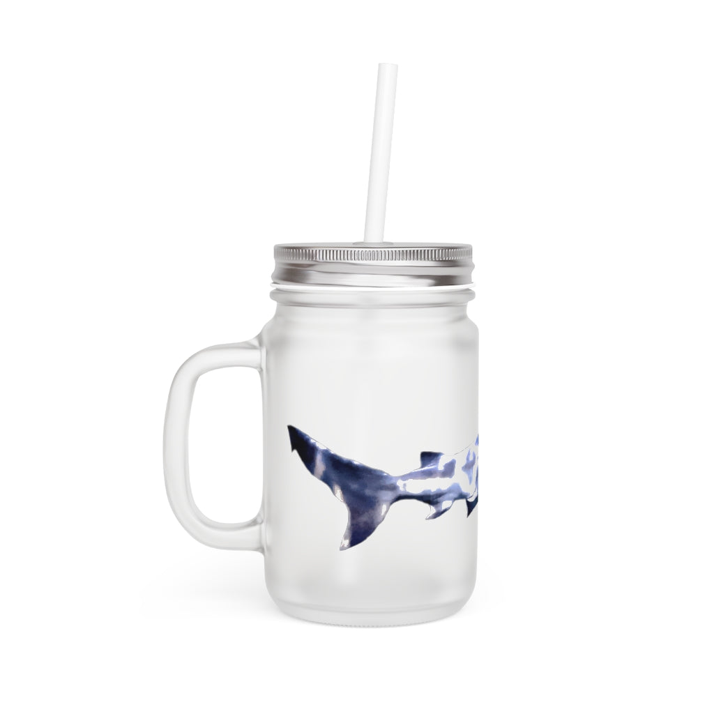 A stylish Shark Mason Jar made of frosted glass, featuring a straw and lid, perfect for personalized drinks.