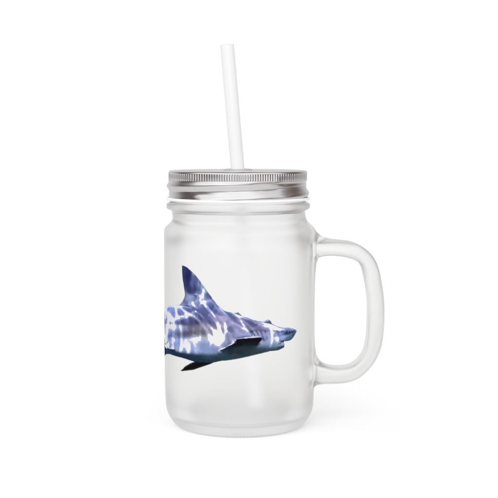 A stylish Shark Mason Jar made of frosted glass, featuring a straw and lid, perfect for personalized drinks.