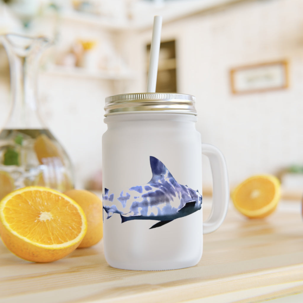 A stylish Shark Mason Jar made of frosted glass, featuring a straw and lid, perfect for personalized drinks.