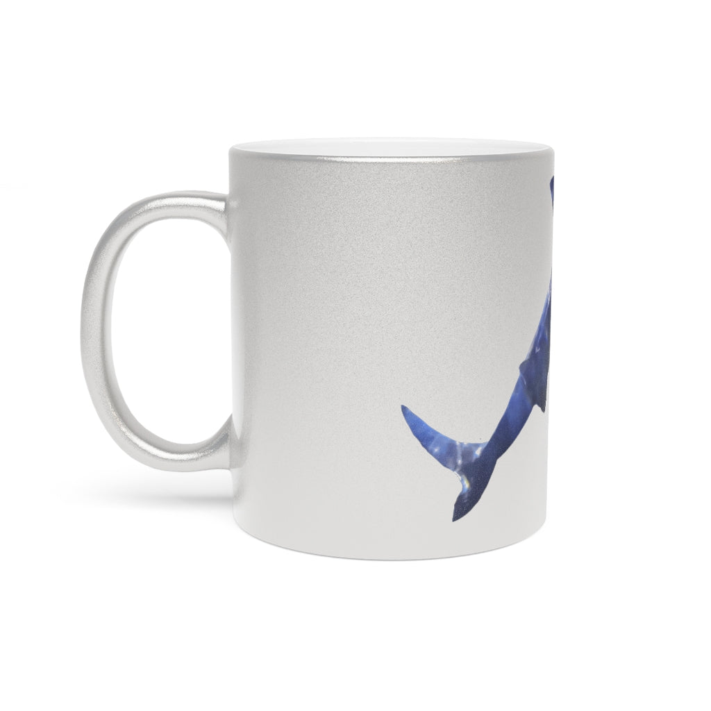 Shark Metallic Mug in Silver and Gold finishes, showcasing personalized designs and a comfortable C-handle.