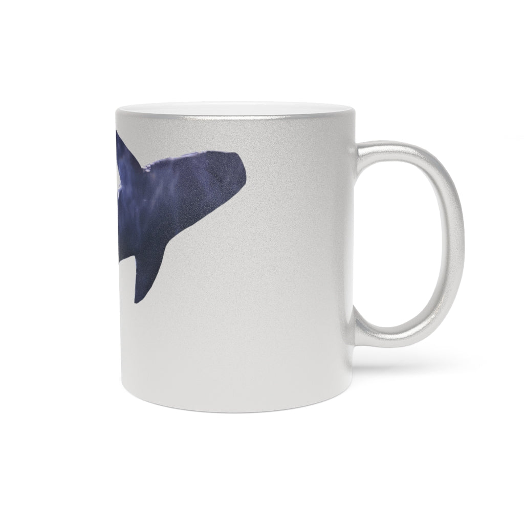 Shark Metallic Mug in Silver and Gold finishes, showcasing personalized designs and a comfortable C-handle.