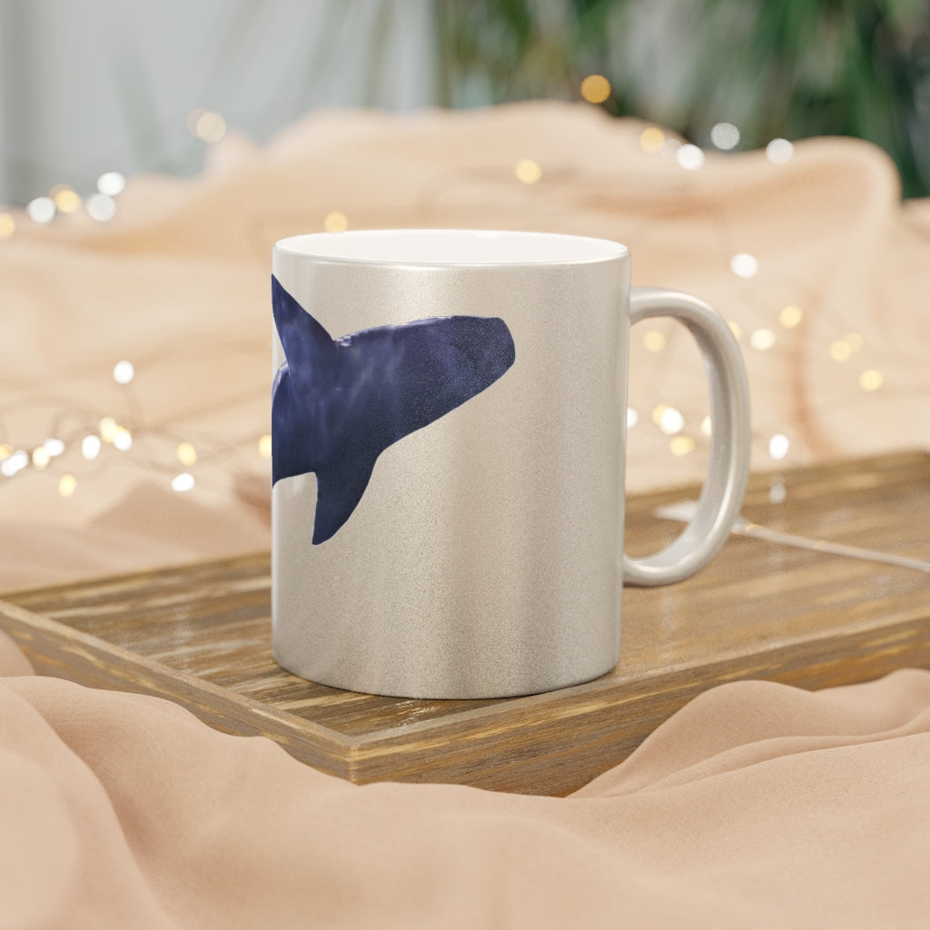 Shark Metallic Mug in Silver and Gold finishes, showcasing personalized designs and a comfortable C-handle.