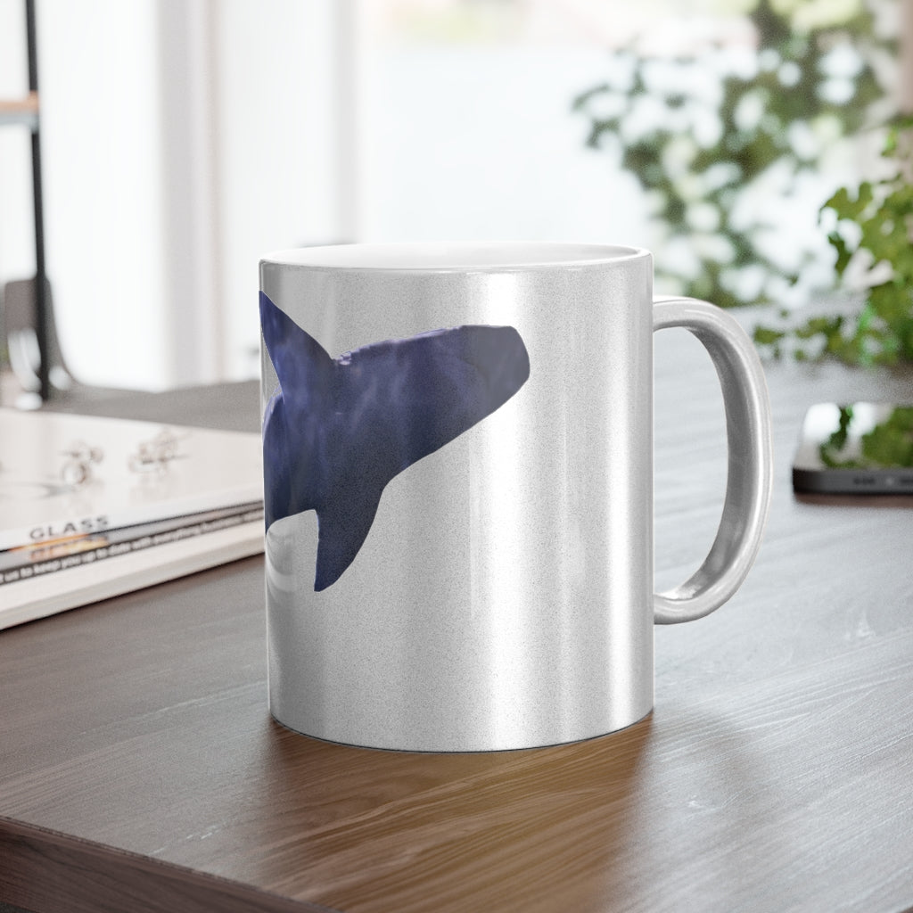 Shark Metallic Mug in Silver and Gold finishes, showcasing personalized designs and a comfortable C-handle.