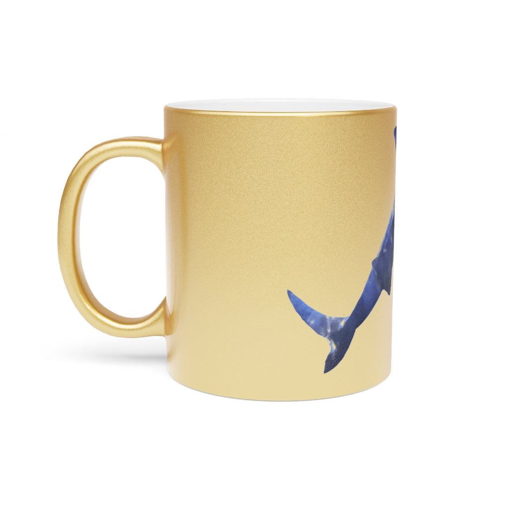 Shark Metallic Mug in Silver and Gold finishes, showcasing personalized designs and a comfortable C-handle.