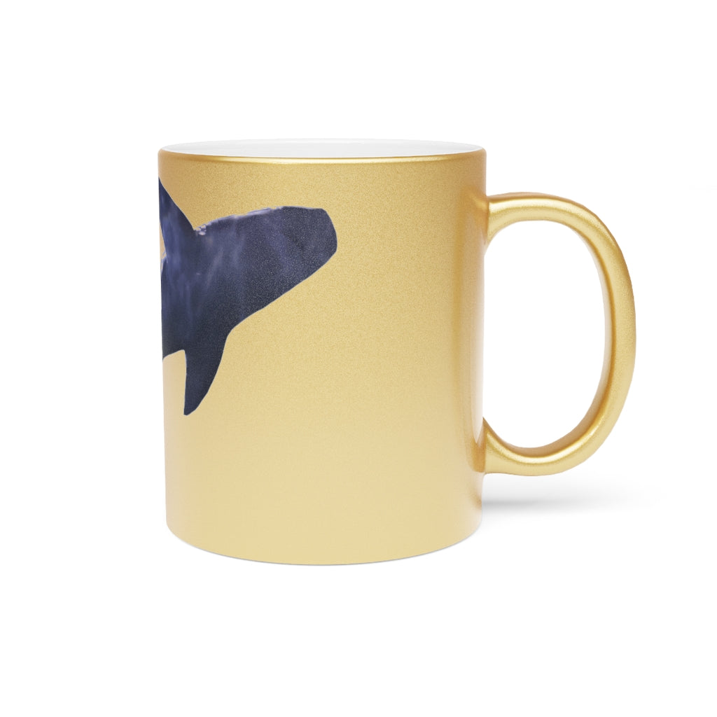 Shark Metallic Mug in Silver and Gold finishes, showcasing personalized designs and a comfortable C-handle.