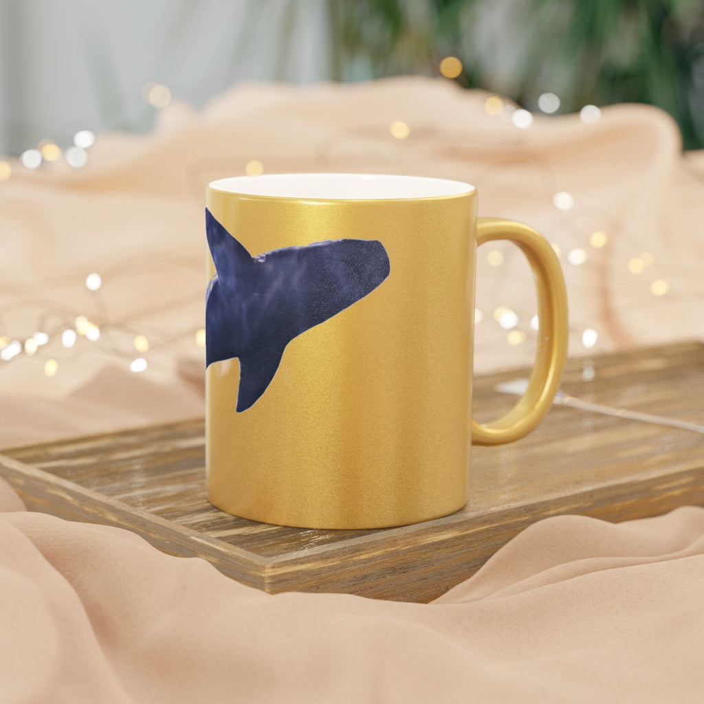 Shark Metallic Mug in Silver and Gold finishes, showcasing personalized designs and a comfortable C-handle.