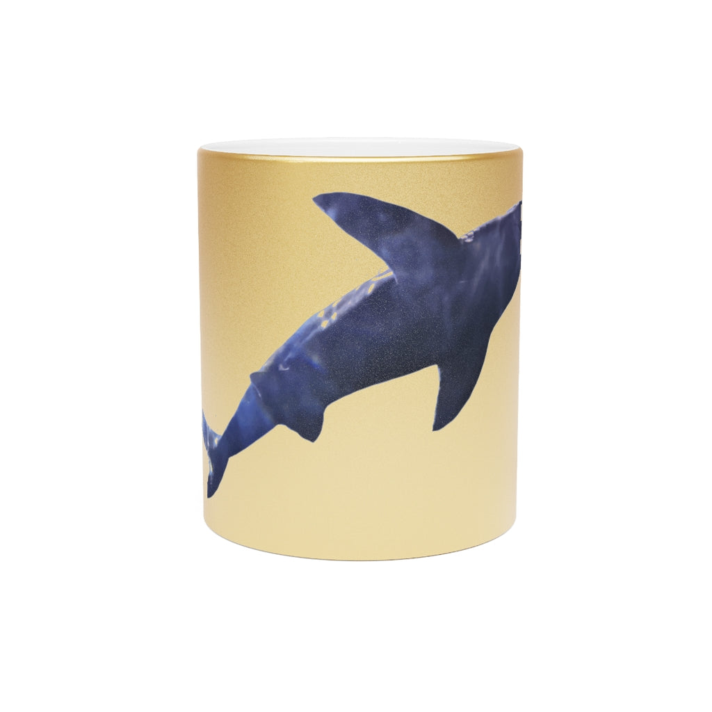 Shark Metallic Mug in Silver and Gold finishes, showcasing personalized designs and a comfortable C-handle.