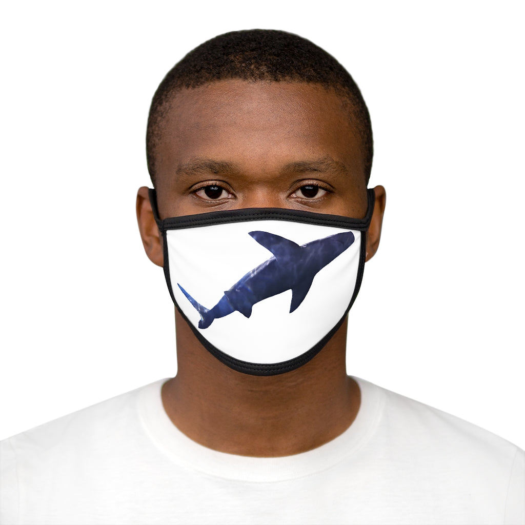 Shark Mixed-Fabric Face Mask featuring a unique shark design with a black outer edge and earloops, made from durable polyester and soft cotton.