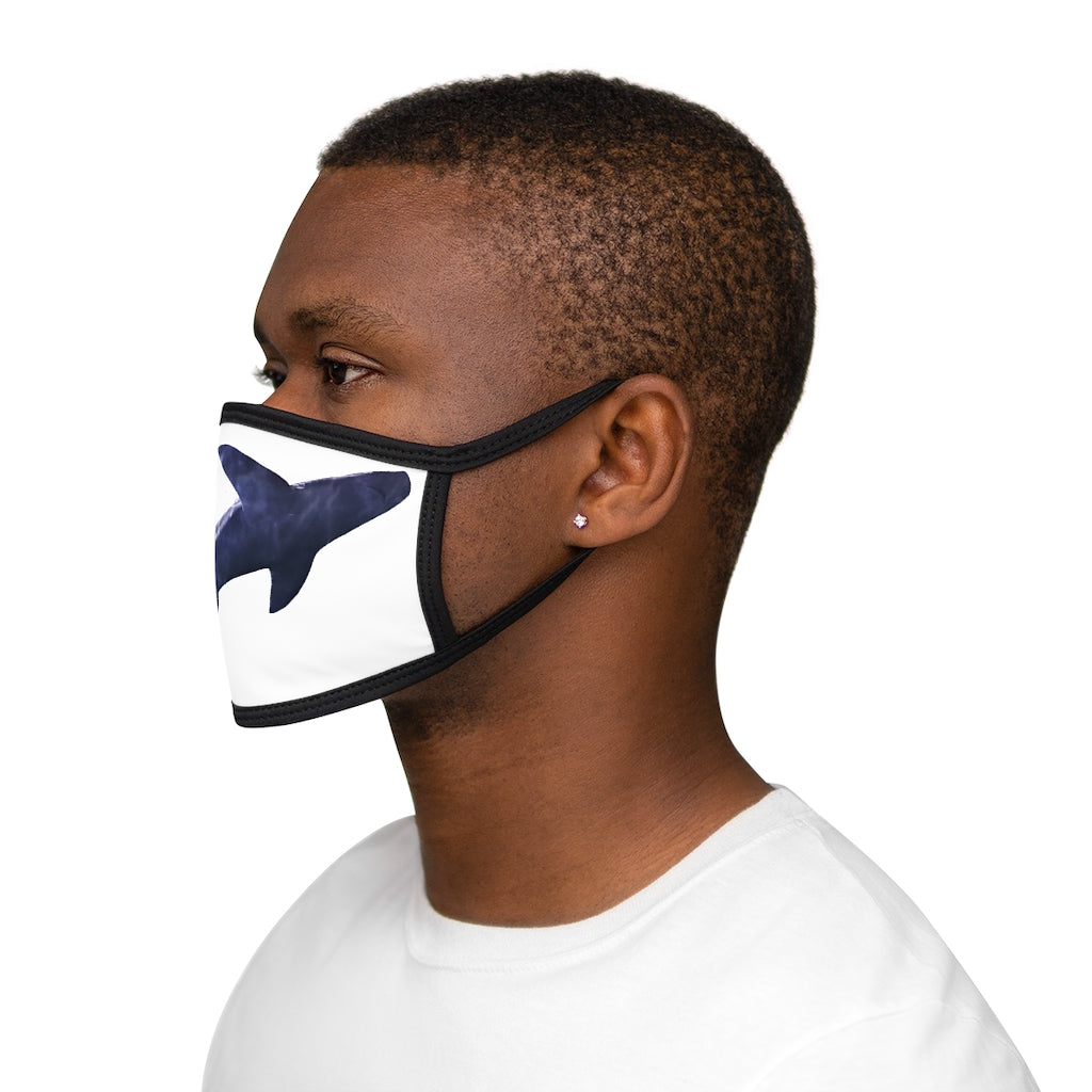 Shark Mixed-Fabric Face Mask featuring a unique shark design with a black outer edge and earloops, made from durable polyester and soft cotton.