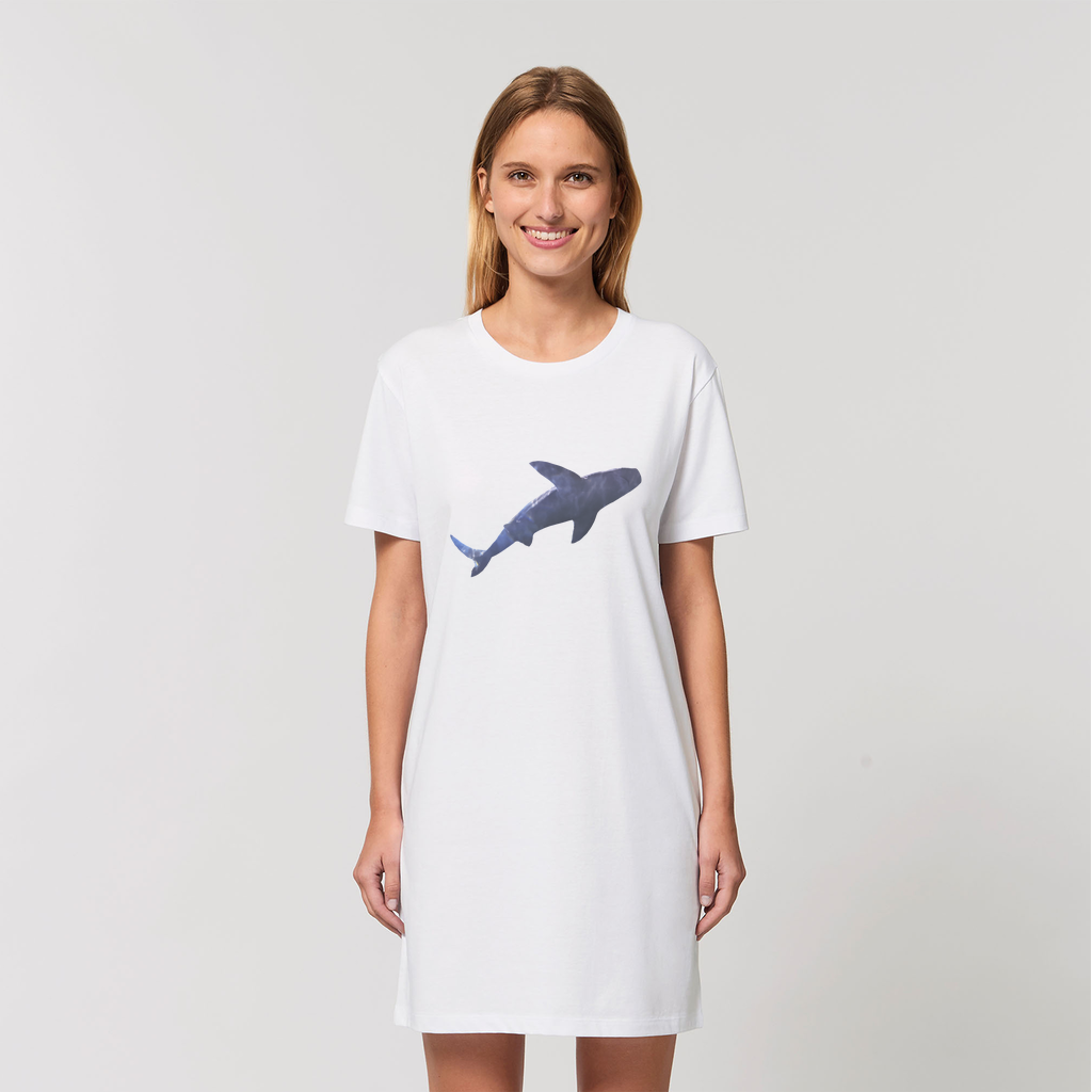 A stylish Shark Organic T-Shirt Dress made from 100% organic cotton, showcasing its soft texture and comfortable fit.