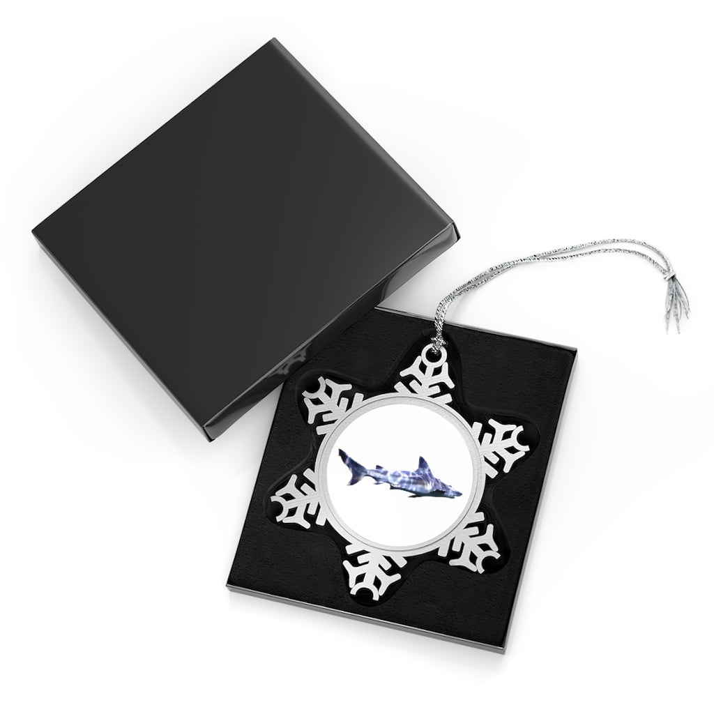 A beautifully crafted Shark Pewter Snowflake Ornament featuring intricate snowflake design and a silver-toned hanging string, perfect for holiday decor.