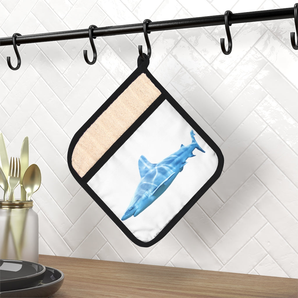 Stylish Shark Pot Holder with Pocket, measuring 9x9 inches, featuring a black cotton hanging loop for easy storage.