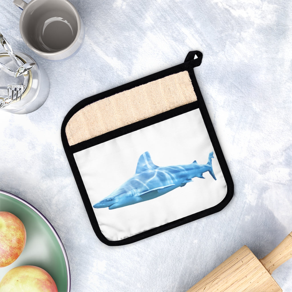 Stylish Shark Pot Holder with Pocket, measuring 9x9 inches, featuring a black cotton hanging loop for easy storage.