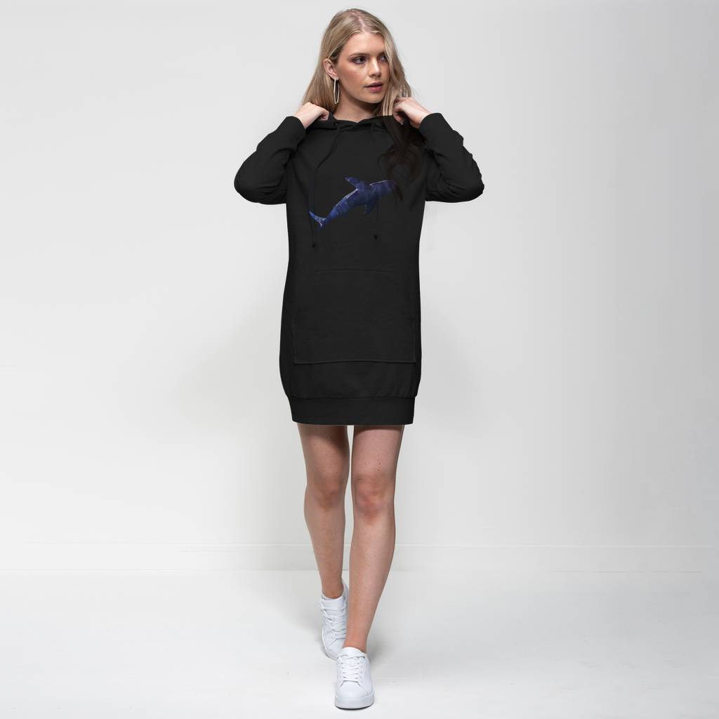 Shark Premium Adult Hoodie Dress featuring a relaxed fit, hood, and kangaroo pocket in a stylish design.