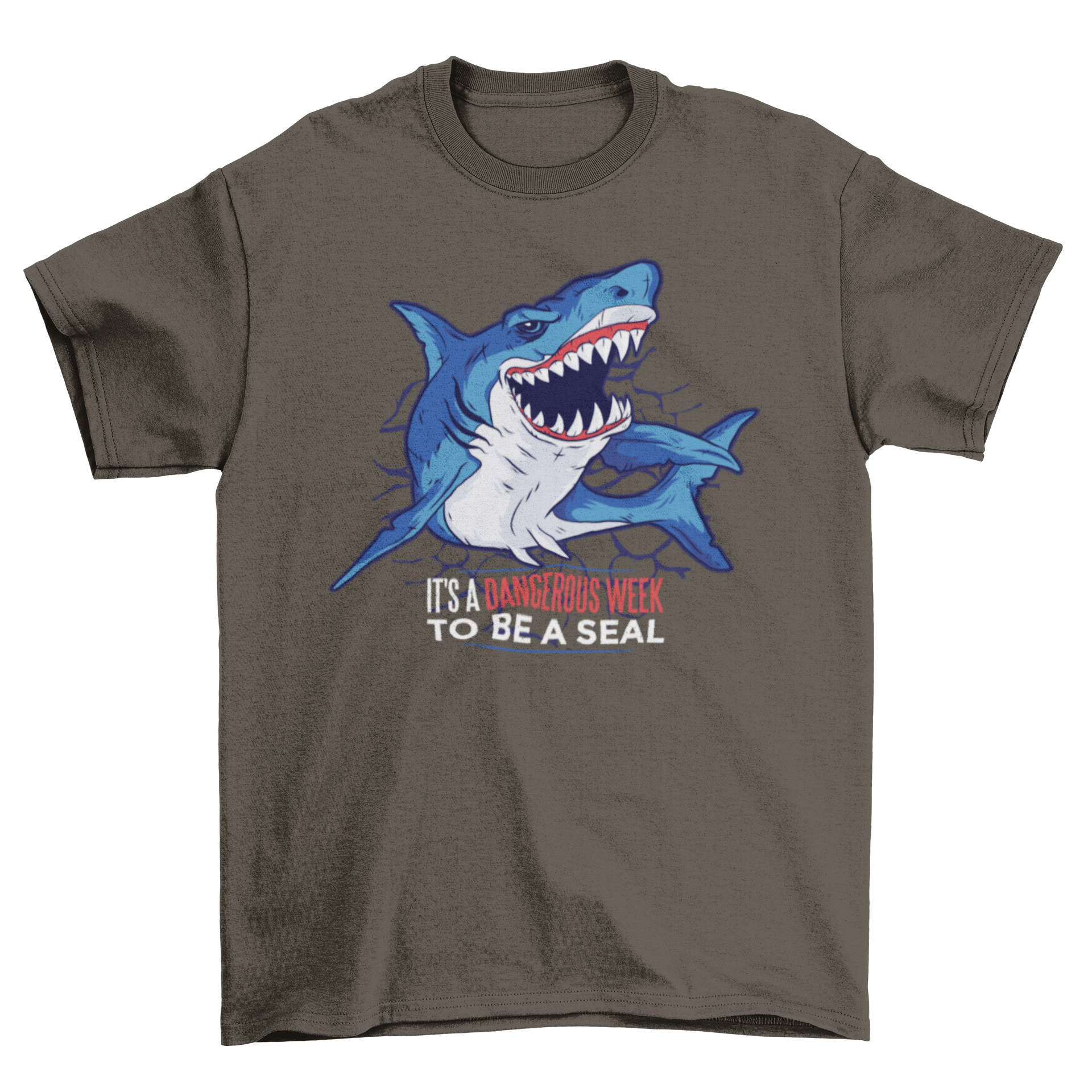 A cartoon t-shirt featuring a fierce shark with open jaws and an angry expression, captioned 'It's a dangerous week to be a seal'.