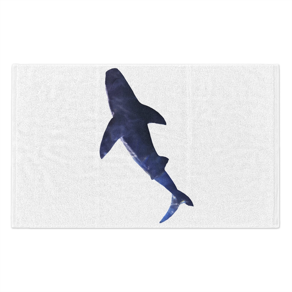 Shark Rally Towel measuring 11x18 inches, featuring a soft cotton and mink polyester design with vibrant printed graphics.