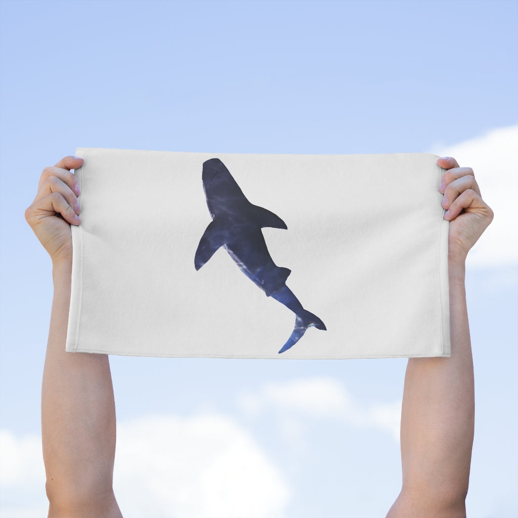 Shark Rally Towel measuring 11x18 inches, featuring a soft cotton and mink polyester design with vibrant printed graphics.