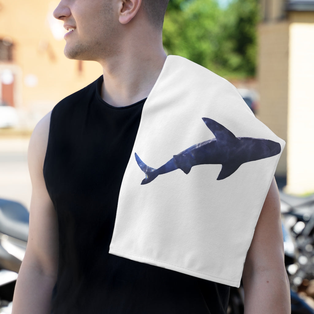 Shark Rally Towel measuring 11x18 inches, featuring a soft cotton and mink polyester design with vibrant printed graphics.